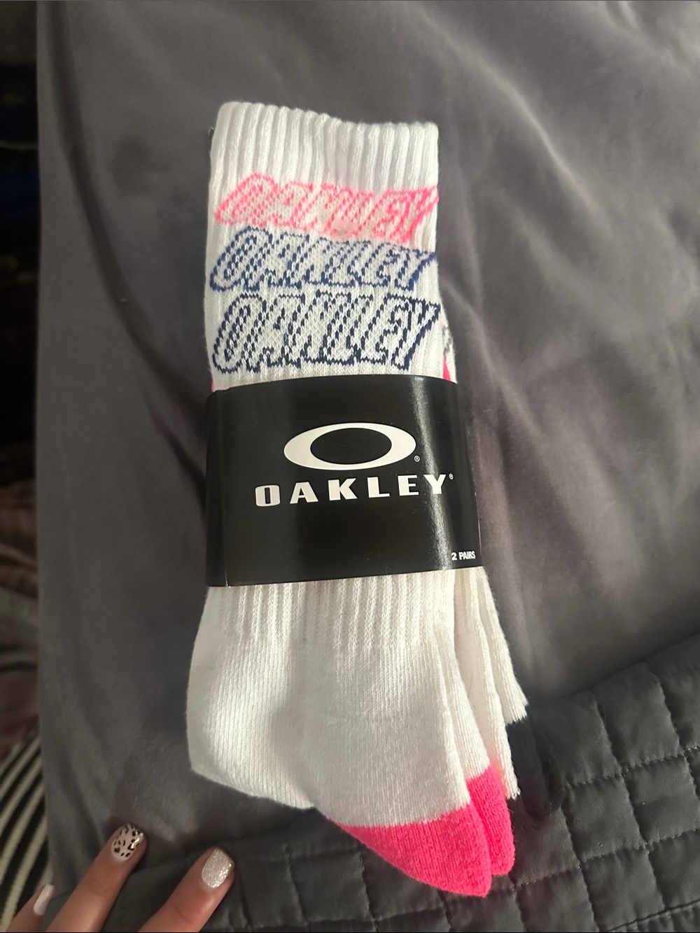 Oakley White Crew Athletic Socks with Pink and Blue Logo